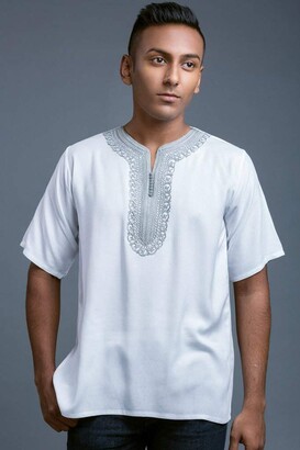 MAGHREBI BY SHEENAZ FAZREEN Maghrebi Moroccan Men Short Kurta | Embroidered  Neckline Solid Dashiki Style Tops – Short Sleeve North African Style  Traditional Festival Shirt (Sesame)- Large - ShopStyle