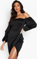 Thumbnail for your product : boohoo Scuba Off The Shoulder Long Sleeve Wrap Mini Dress