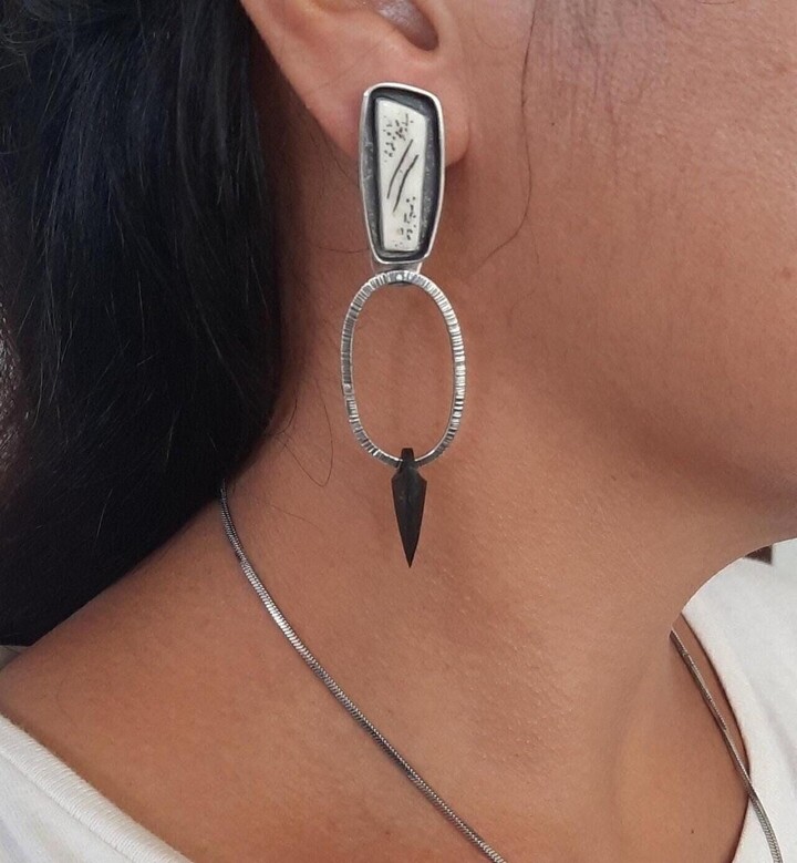 sterling Silver Drop Earrings, Boho Free Spirit Jewelry, 3 Inch Bone, Ebony Shipping Batik Jewelry Box