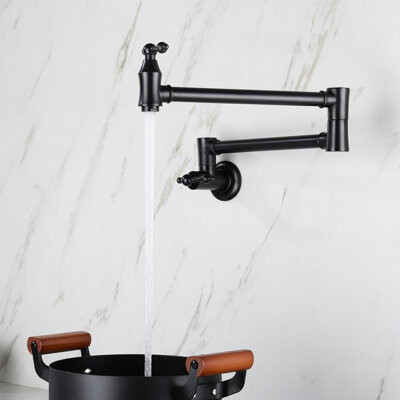 Ivy Bronx Wall Mount Folding Kitchen Pot Filler Faucet, 360 Rotation, Brass, Corrosion Treatment, Double Handle Operation Foldable For Space Efficiency, Rotatab