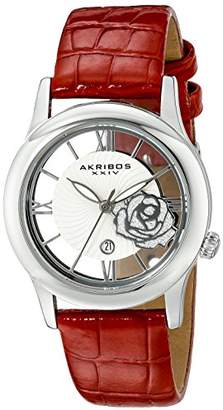 Akribos XXIV Women's AK837RD Quartz Movement Watch with Silver and See Thru Flower Dial Featuring a Red Leather Strap