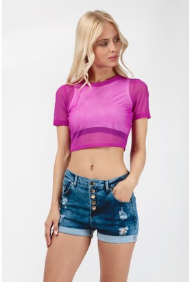 Select Fashion Fashion Womens Purple Mesh Crop T-Shirt - size 12