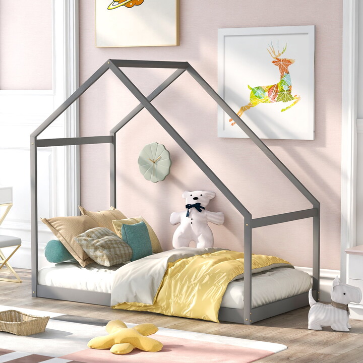 Aukfa Twin House Bed for Kids, Platform Bed with Roof, Wood - Gray