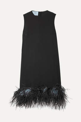 Prada Feather-trimmed Crepe De Chine Dress - Black