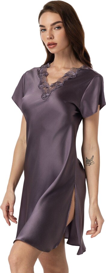 SILKSILKY Silk Lace Neckline Split Hem Nightgown