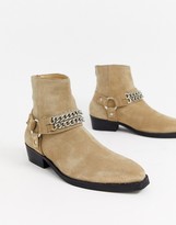 Thumbnail for your product : ASOS DESIGN Wide Fit cuban heel western chelsea boots in stone suede with buckle and chain detail