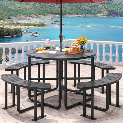 Latitude Run Outdoor Round Metal Picnic Table Dining Set