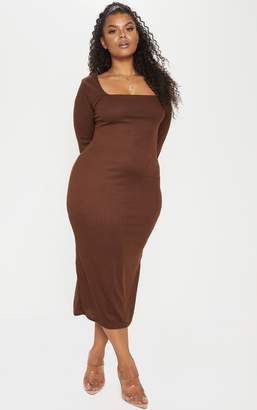 PrettyLittleThing Plus Chocolate Brown Ribbed Square Neck Long Sleeve Midi Dress