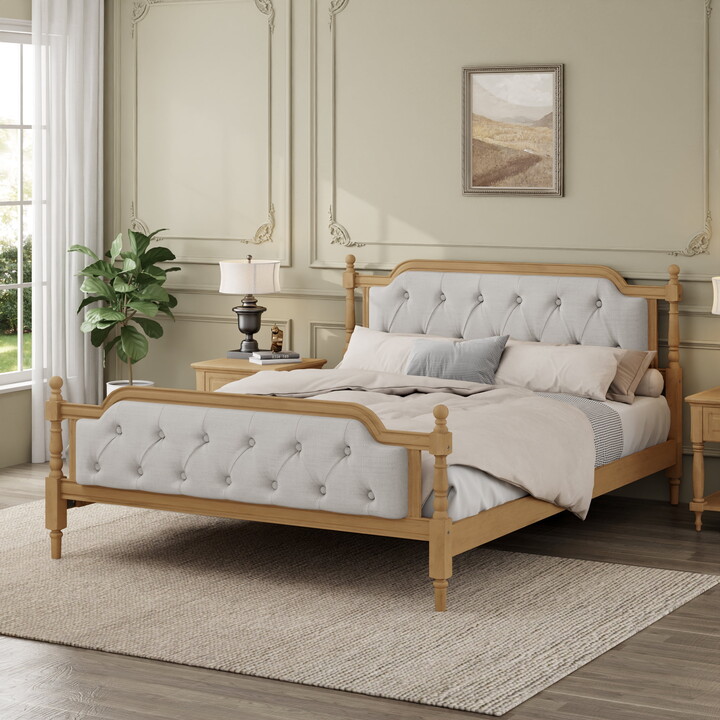 Euroco Traditional Wood King Size Platform Bed with Upholstered Tufted Headboard, Walnut