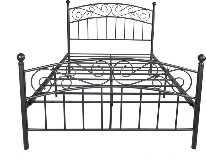 Full black metal bed frame platform with headboard and footboard, heavy