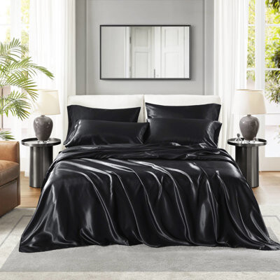 Wovilo 7 Pcs Black 100% Satin Luxury Sheet , Soft And Smooth, - , 1 Flat, 2 Fitted, 4 Pillowcases Smooth Gentle,