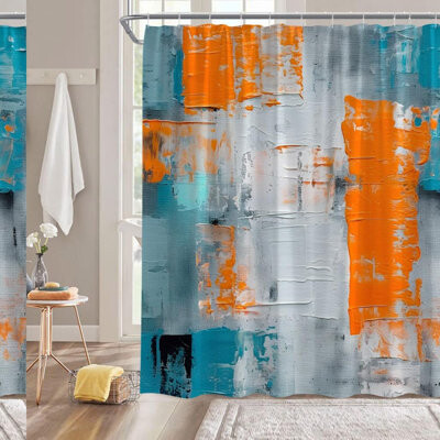 Ivy Bronx Modern Art Brushstrokes Shower Curtain Set - Teal Orange Gray Abstract Design with Hooks