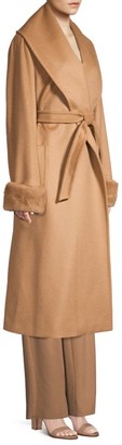Max Mara Christy Mink Fur-Trim Camel Wool Wrap Coat