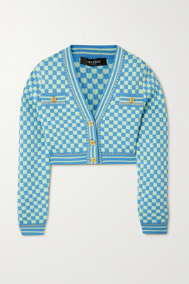 Versace - Cropped Checked Wool-blend Jacquard Cardigan - Blue