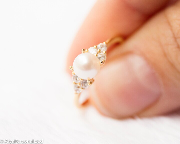 Etsy 14K Gold Engagement Ring - Pearl Diamond Vintage Ring Dainty Jewelry