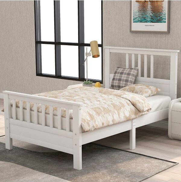 Garvee TwinSizeBedFrameWoodenPlatformBedwithUnderBedStorageTwinBedFrameswithHeadboardandFootboardNoBoxSpringNeededWhiteSmall
