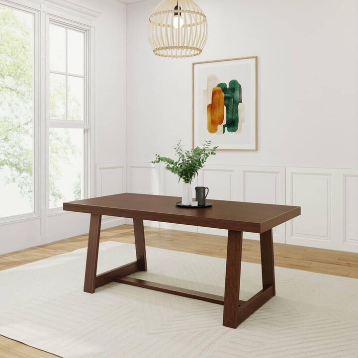 PLANK+BEAM Classic Rectangle Walnut Wirebrush Wood 72 in. Trestle Dining Table Seats 6