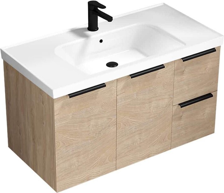 Nameeks Frame 35.4 in. Modern Freestanding Bath Vanity in Brown Oak with White Ceramic Top