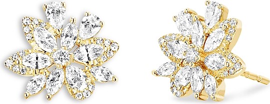 Ef Collection 14K Yellow Gold Diamond Flower Cluster Stud Earrings