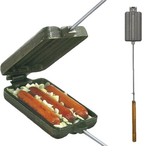Rome Cast Iron Hot Dog and Brat Cooker - Long Handle for Campfire Cooking