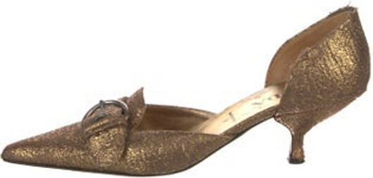Prada D'Orsay Pumps Gold Metal Trim Pointed-Toes with Glitter Accents Buckle Closure At Uppers Designer