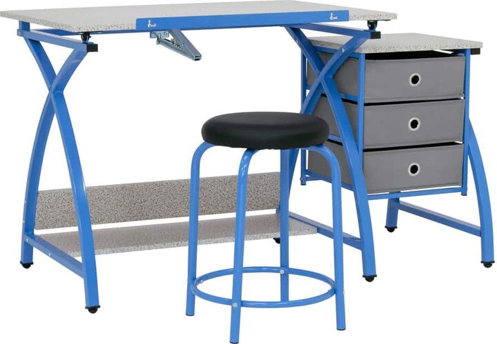 Studio Designs 50 in. 2-Piece Rectangular Blue Comet Center Plus Writing Desk with Adjustable Top, 3-Pull-Out Drawers and Stool