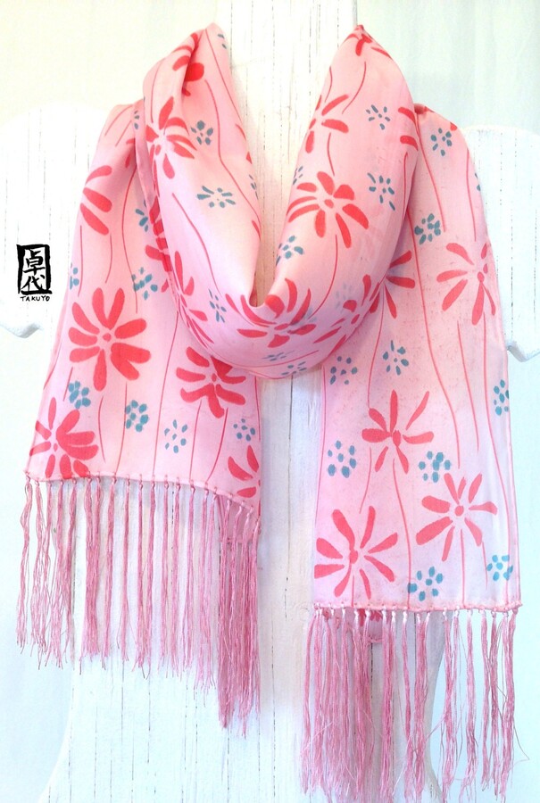 Etsy Personalized Gift Pink Wildflowers Hand Painted Silk Scarf With Silk Fringes