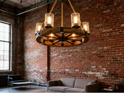 Gracie Oaks Farmhouse Chandelier Light Fixture 6-Light Round Wood Wagon Wheel With Seeded Glass Shades For Dining Room Kitchen Island Living Room