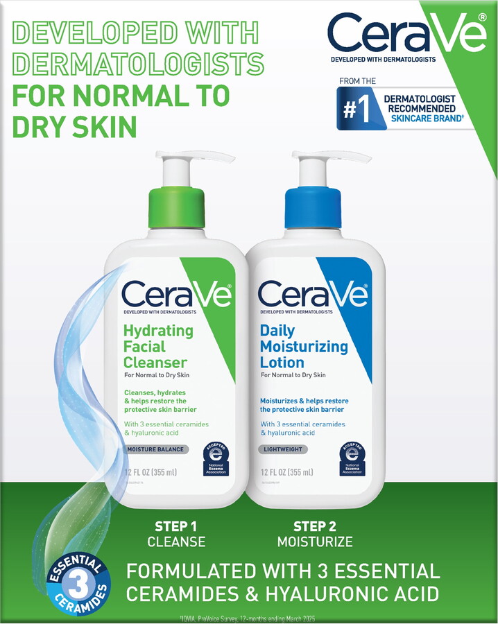 CeraVe Daily Skincare Essentials Kit for Balanced to Dry Skin, 2 Piece Set
