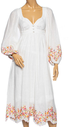 Zimmermann White Linen Floral Embroidered Scallop Hem Midi Dress S