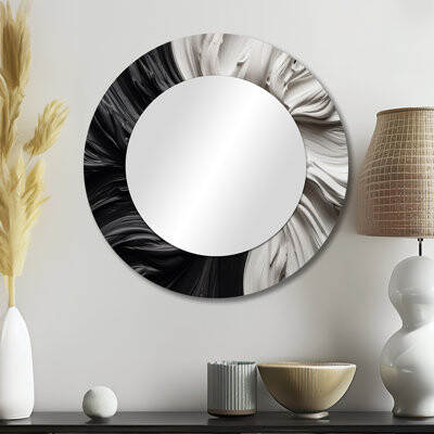 East Urban Home Philmore Black White Marbled Dreamscape IV - Geometric Decorative Wall Mirror, Black Large Round Mirror, Printed Metal Art