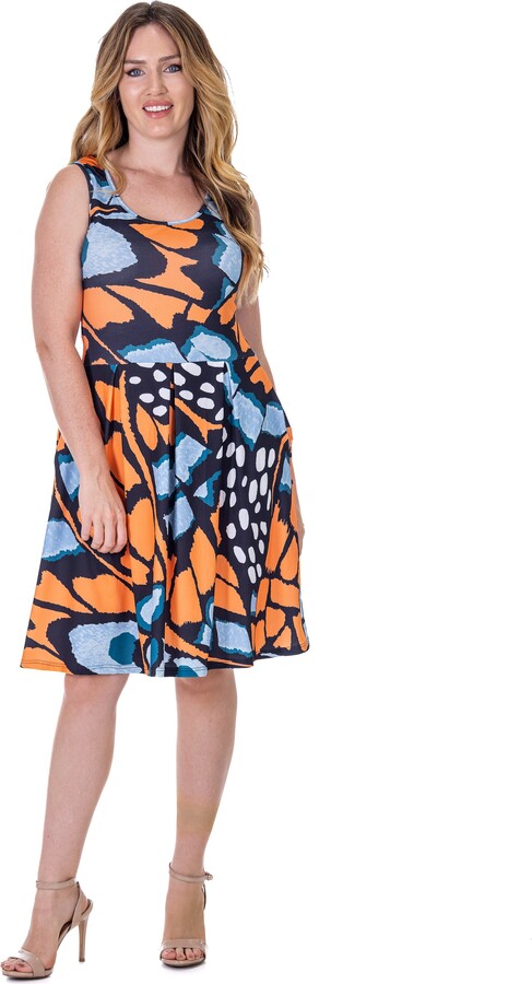 24seven Comfort Apparel Orange Butterfly Print Sleeveless Pleated Knee Length Pocket Dress