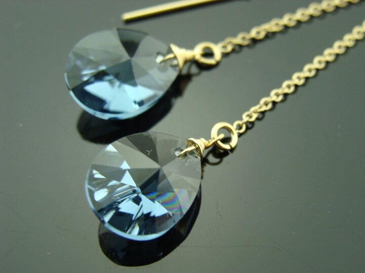 Etsy Blue Swarovski Crystal Drop Earrings 14K Gold Filled Or Sterling Silver Ear Threads Dainty Jewelry Gift For Her