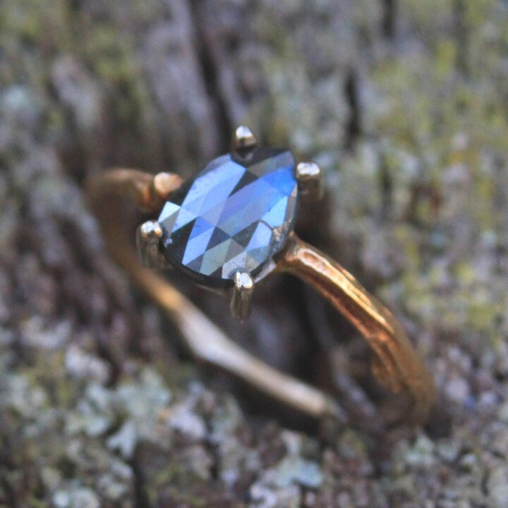 Etsy Teal Blue Diamond Ring14K Yellow Gold Twig RingRough Cut Diamond14K White Prong Set DiamondPear Shaped DiamondEngagement Ring