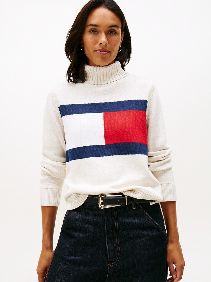 Tommy Hilfiger Women's Intarsia Flag Logo Turtleneck Sweater - Beige - L