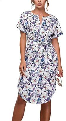 CoCo fashion Women's Casual V-Neck Floral Print Side Split Short Sleeve Belted Summer Dress