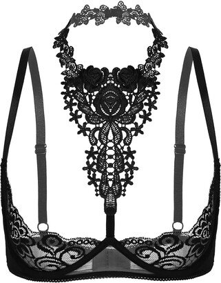 iiniim Women's 1/4 Cups Halter Lace Bralette Unpadded Underwired Bra Tops  Bare Breast Underwear Black XL - ShopStyle
