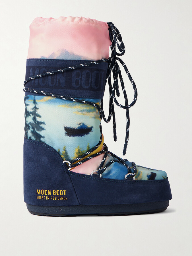 Moon Boot + Guest In Residence Icon Postcard Suede-trimmed Printed Shell Snow Boots - Blue