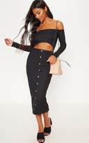 Thumbnail for your product : PrettyLittleThing Orange Bardot Ribbed Tortoise Button Cut Out Midaxi Dress