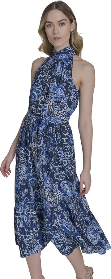 Falling Flowers Women’s Mock Neck Sleeveless Midi Dress, Sizes XS-XL