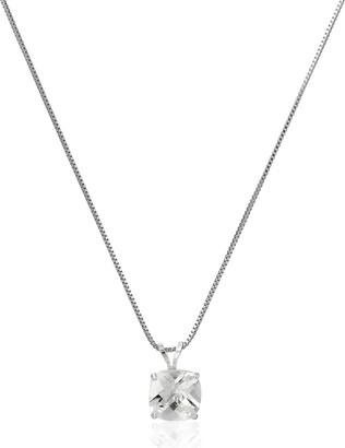 Amazon Collection 925 Sterling Silver 8mm Cushion Cut April Birthstone Created White Sapphire Solitaire Pendant Necklace for Women with 18 inch Box Chain