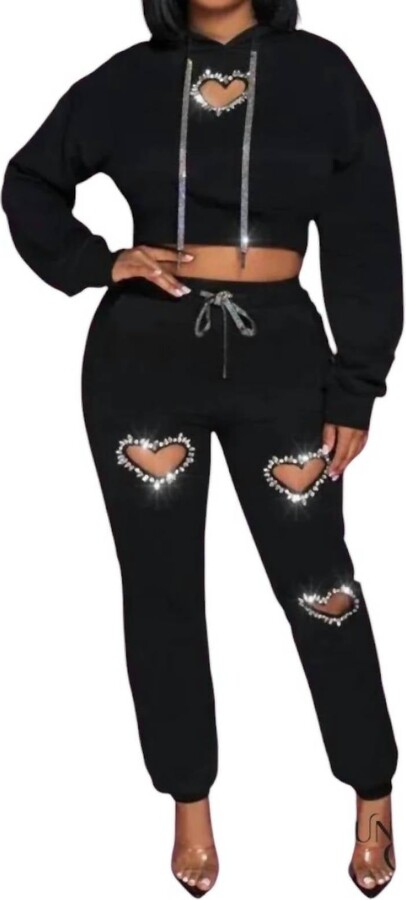 Sunny Story Trading Karlie Heart Cutout Crop Top & Jogger Set In Black