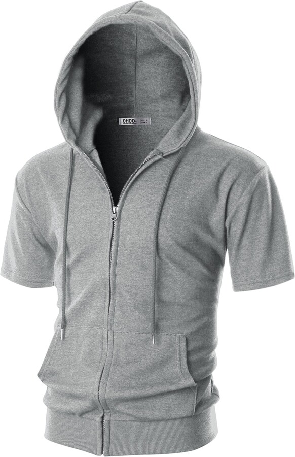 Ohoo Mens Slim Fit Short Sleeve Lightweight Zipup Hoodie With Kanga