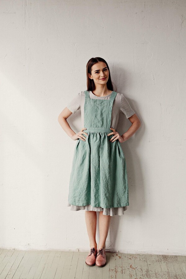 Mint Pinafore Linen Apron Midi Cross Back