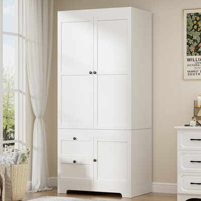 Latitude Run Armoire Wardrobe Closet With Drawers, 71 Inches Tall Wooden Modern Bedroom Armoires With 3 Doors And 2 Drawers, Freestanding Wardrobe Combination Clot