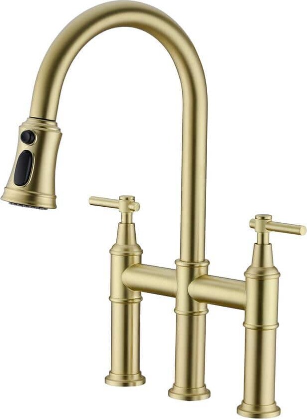 YONKI SUNSHIN INC Double Handle 3 Holes Solid Brass Bridge Kitchen Faucet 1.8 GPM with Pull-Down Sprayhead in Spot in Gold