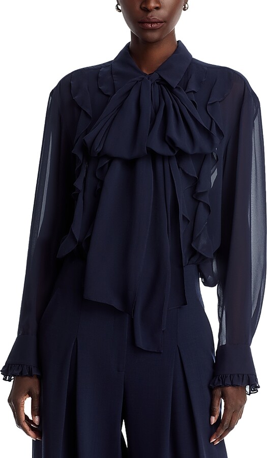 Lafayette 148 New York Neck Tie Ruffle Silk Shirt