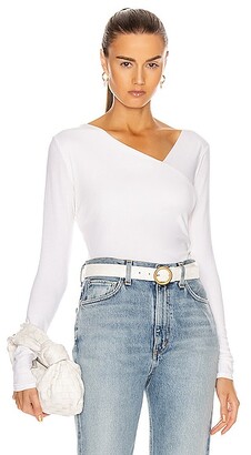 Enza Costa Brushed Supima Cotton Asymmetrical Neck Long Sleeve Top in White