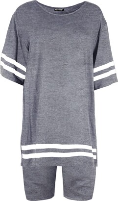 Be Jealous Womens Oversized Stripes T Shirt Cycle Shorts Set 2 Piece Set Royal Blue Plus Size (UK 16/18)