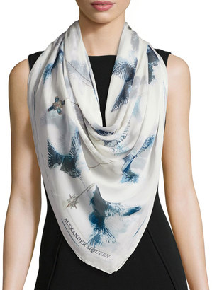 Alexander McQueen Bleached Hummingbird Square Silk Scarf, White/Blue